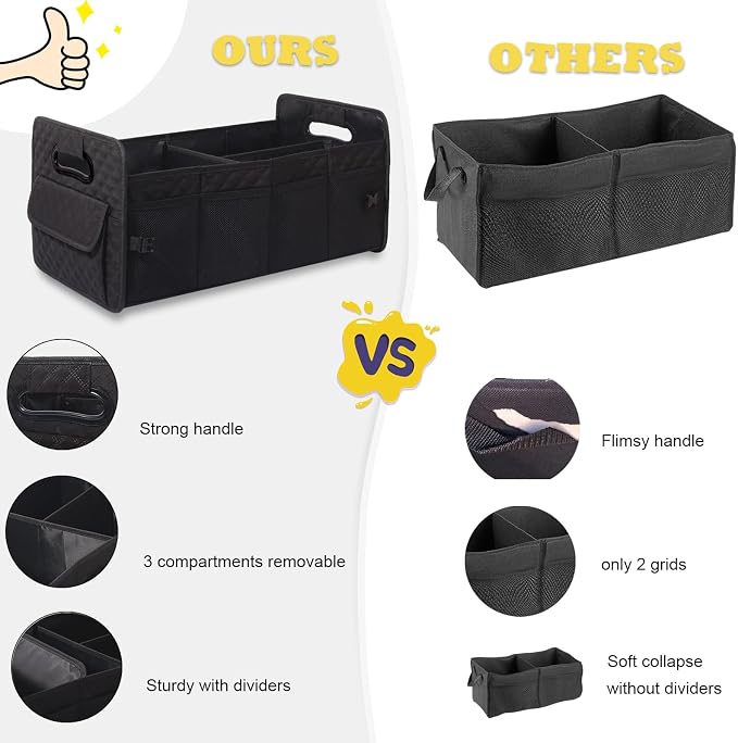 JiatuA Car Trunk Organizer for SUV, Car Storage Organizer Collapsible Multi Compartment Container Box, Adjustable Car Accessories for Women/Men, Black