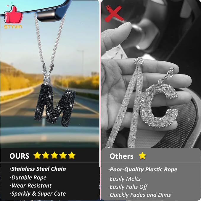 Letter M Bling Black Car Accessories Interior for Women, Interior Charm Rear View Mirror Cute Crystal Pendant Car Decorations for Men, Lucky Gifts Diamond Rhinestone