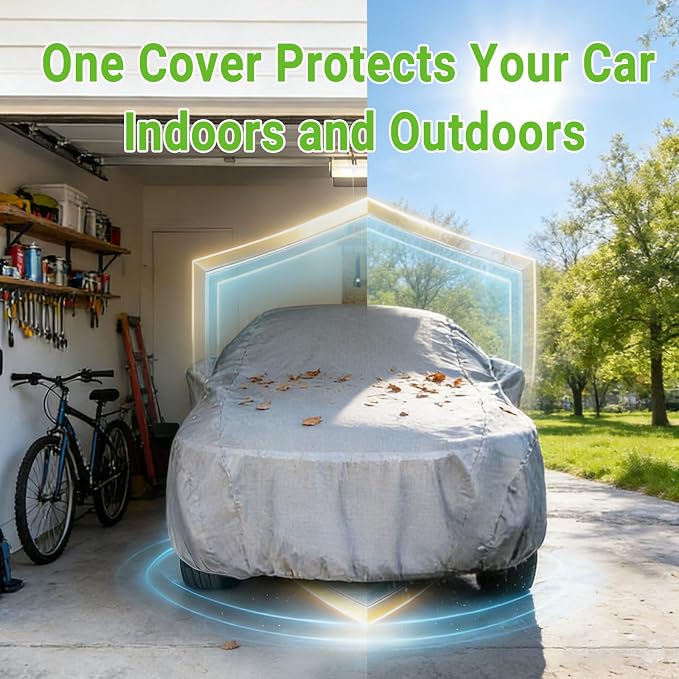 Season Guard Sedan 205" Car Cover, Dustproof Lightweight Indoor & Outdoor | Breathable polypropylene layer, fits sedans up to 205", includes storage bag & antenna patch, elastic hem for secure fit
