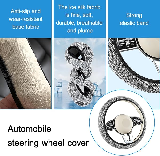 Elastic Stretch Car Steering Wheel Cover, Soft Breathable Ice Silk Steering Wheel Protector, Anti-Slip Automotive Interior Accessories, Universal for Sedan, Truck, Van (Silver Tone)