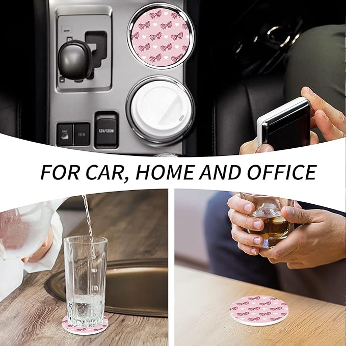 2 Pack Car Cup Holder Coasters, Pink Bows Insert Car Coaster, 2.75 Inch Anti Slip Shockproof Embedded Drink Mat, Vehicle Interior Decor Accessories (Pink-Bows)