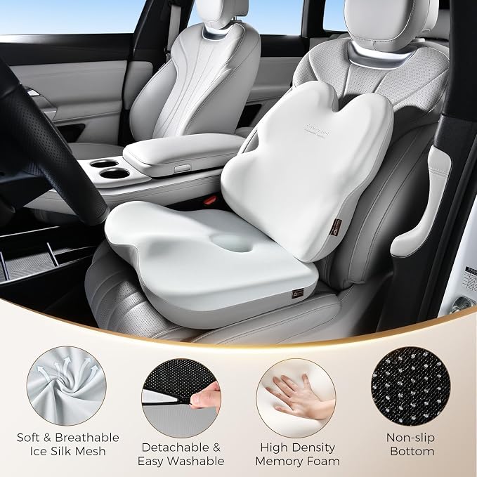 Coverado Seat Cushion and Back Support for Office Chair Memory Foam Chair Pad Office Chair Lumbar Support for Car Chair Cushion for Back Pain for Truck Driver, Gaming Chair, Desk Gray&Light Gray