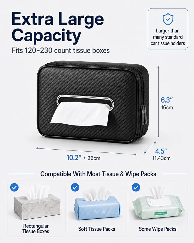 Carbon Fiber Texture Car Tissue Holder, Extra Large Car Tissue Box Holder for 120–230 Count Rectangular Tissue Boxes, Wider Opening, Dual Zipper, Fits Headrests, Consoles, and Seat Backs
