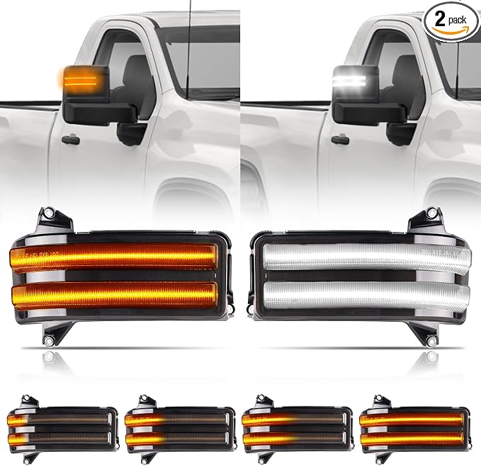 Gempro LED Sequential Amber Side Mirror Marker Turn Signals White Parking Cargo Lights Switchback Tow Mirror Lamps for 2020-2024 Chevy Silverado/GMC Sierra 2500 3500, Smoked Len