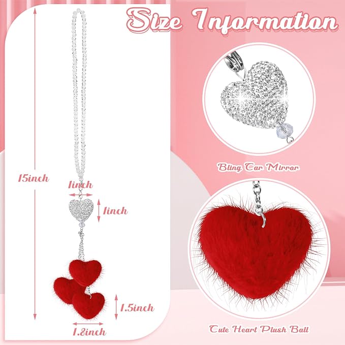 Frienda Red Car Rear View Mirror Accessories for Women Bling Heart Shaped Rhinestone Hanging Charm Sparkly Rear Mirror Ornament Pendant Gift for Girlfriend Wife Female Drivers Car Interior Decoration