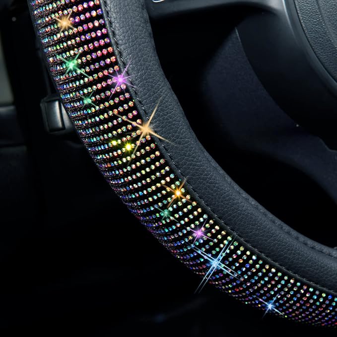 CAR PASS Bling Diamond Leather Steering Wheel Cover, with Bling Sparkly Crystal Glitter Rhinestones Universal Fit 13"1/2-14" Car Wheel Protector for Women Girl Fit Suvs,Vans,Sedans,Trucks, Multicolor