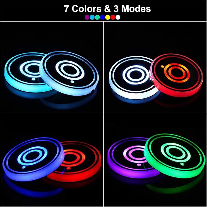 LED Car Cup Holder Lights, 7 Colors Changing USB Charging Mat Waterproof Cup Pad, LED Interior Atmosphere Lamp Decoration Light Inside Car Lighting Accessories (2pcs) (Style 2)