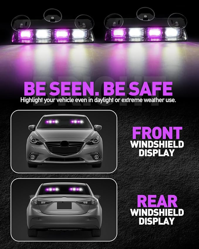HLauto 2002L Emergency Dash Strobe Lights: Purple White Safety Lights, Flashing Warning Hazard Windshield Visor Traffic Light Bars for Trucks, Construction Vehicles (2x8.5 inch, 48LED)