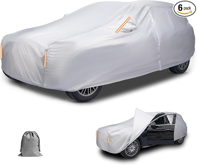 Caromop 10-Layer Waterproof Car Cover All Weather Protection (Snow, Rain, Sun) with Secure Fit Straps and Easy On/Off Zipper-Size S3 (See Size-Chart)