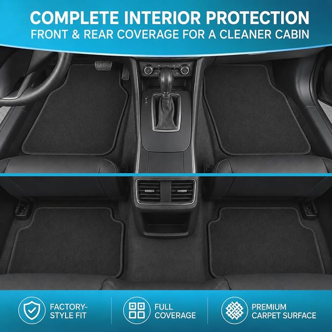 Mythoria 4PCS Custom Fit Car Floor Mats for Chevy Chevrolet Malibu 2016-2025 (Not for Malibu Limited), All-Weather Velour Carpet Floor Liners Full Set, Front+Rear with Anti-Slip Retention Clips, Black