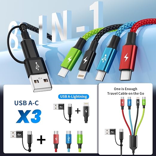 4 in 2 Multi Charging Cable, 3 Type-C & IP Cord for Multiple Devices | USB C Multi Charging Cable with 3 Type-C & IP Ports, Nylon Braided Phone Charger Cord for Travel, Car and Daily Use