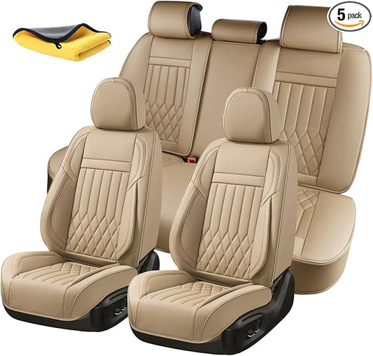 Universal 5-Seater Waterproof Breathable Nappa Leather Car Seat Covers Full Set, Fit for Front Rear Seats, Compatible with Hy-undai Sonata, To-yota Camry, Fo-rd F-150, Fit Most Sedans SUV Beige