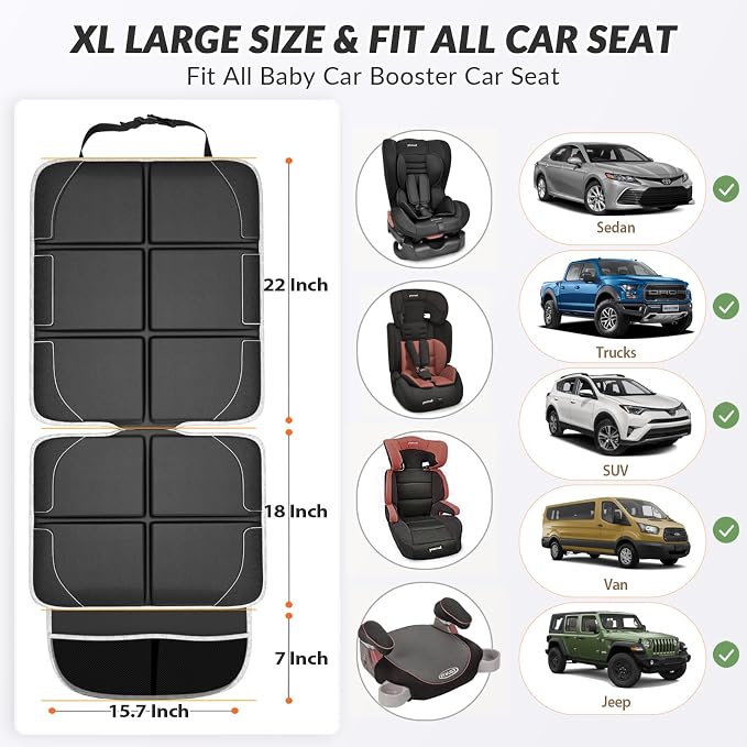 Gimars Car Seat Protector, 2 Pack, XL Thicken EPE Cushion Waterproof 600D Fabric Car Seat Cover for Child Car Seat with Nonslip Backing Mesh Pockets for Baby SUV Sedan Truck Leather Seats, Black-Gray