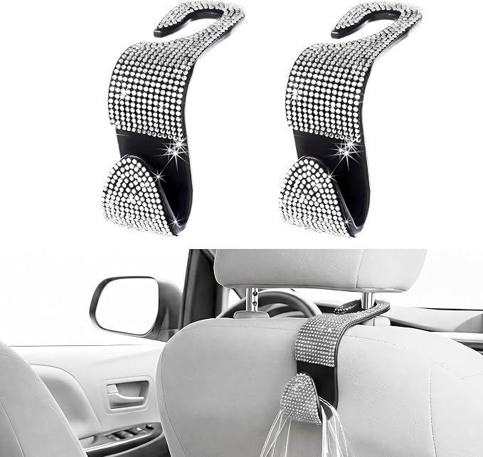 2 PCS Car Seat Headrest Hook, Crystal Rhinestone Seat Hanger Auto Interior Purse Holder, Bling Vehicle Backseat Hangers for Grocery Bags Handbags Coats, Car Accessories (Silver)