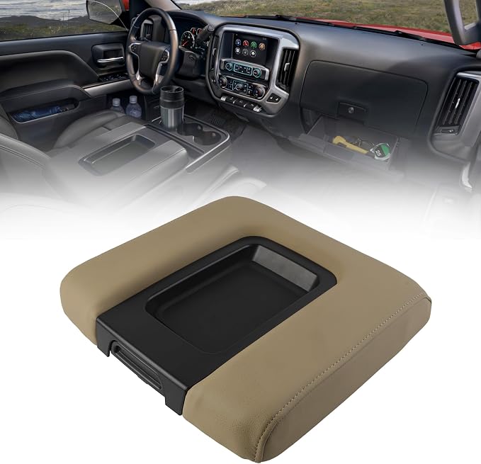 Dasbecan Center Console Lid Compatible with 2014-2018 Chevy Chevrolet Silverado/GMC Sierra 1500 2500HD 3500HD Front Center Console Armrest Lid with Liner Mat Replace# 22881398(Beige)