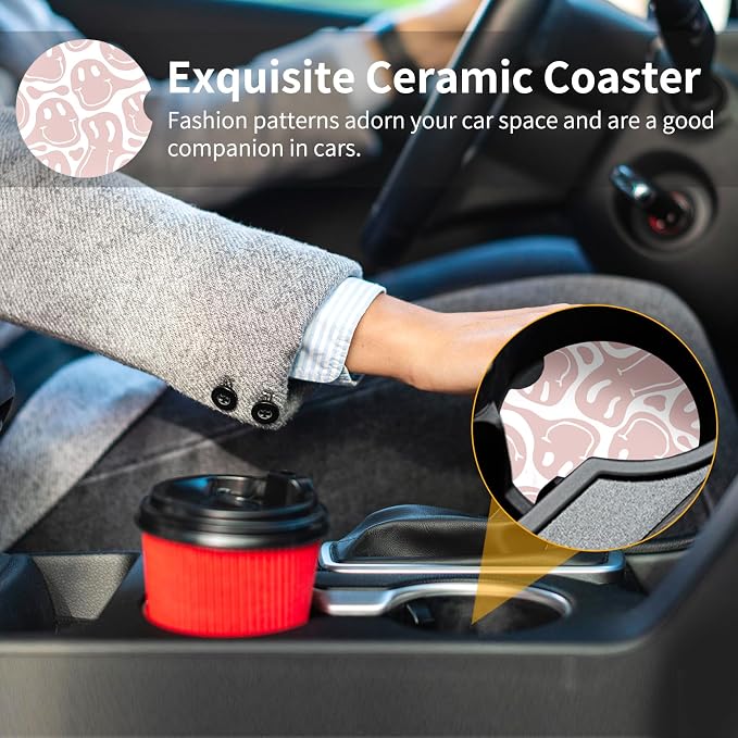 Car Coasters,Purple Smily Absorbent 2 Pack for Cup Holders with Finger Notch,2.56 inches Ceramics Heat Resistant Anti Slip Cork Base Car Drinks Coasters Auto Cup Holder(Light Pink Smiley face)