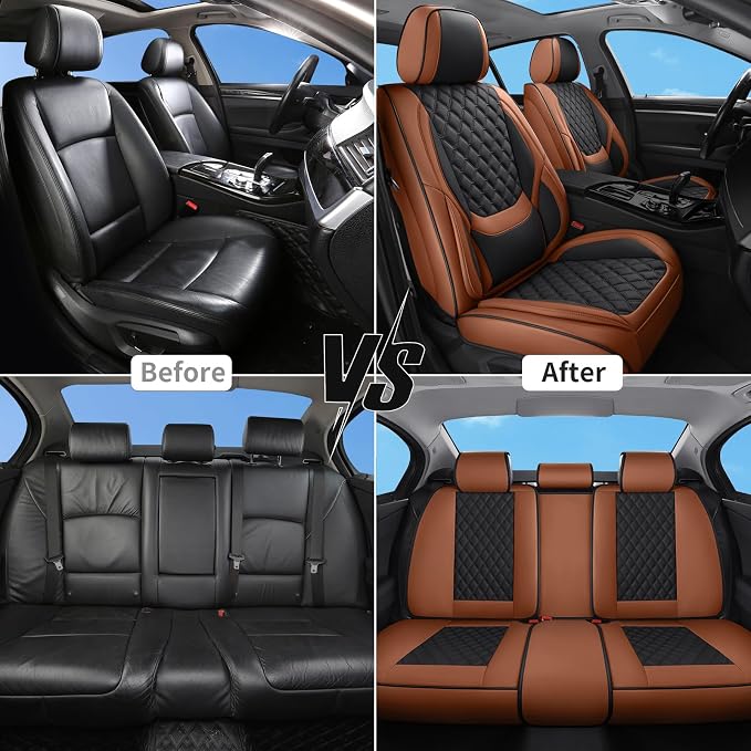 Car Seat Covers Full Set,5 Seat Leather Seat Covers for Cars,Front Seats and Back Seat Cover,Waterproof Car Seat Cushion Protectors,Universal Fit for Most Cars SUV Trucks(Brown Black, Full Set)