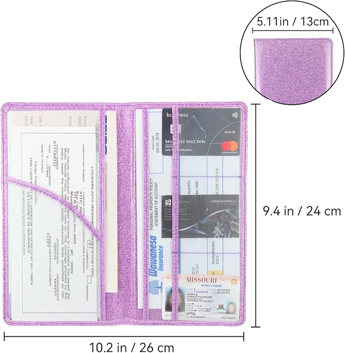 Car Registration and Insurance Holder, Bling Premium Pu Leather Vehicle Glove Box Organizer, Prefect Leather License Registration Holder for Driver License, Cards & Essential Documents (Purple)