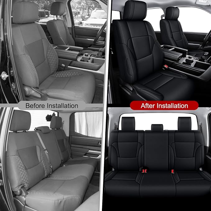 AOMSAZTO Custom Seat Covers for Toyota Tundra 2022 2023 2024 2025 2026 CrewMax SR SR5 Limited Platinum FFV TRD Pro Leather Car Seat Covers Full Set Black, Custom Fit Full Set Faux Leather Black