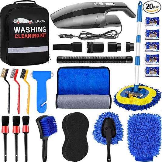 Car Wash Kit with High Power Handheld Vacuum Car Wash Detailing Mop kit | Car Cleaning Kit Detailing Brush Safety Hammer Car Wash Brush Microfiber Gloves Washing Sponge fo Car Washing Kit