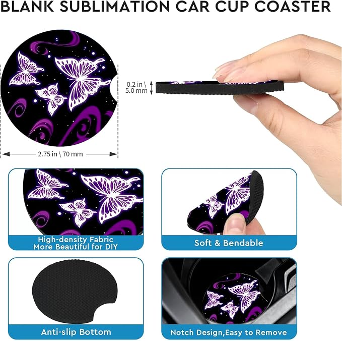 2 Pack Butterfly Car Cup Holder Coasters Universal Neoprene Coasters | 2.75" Universal Size Anti Slip Rubber Mat, Auto Cup Holder Accessories for SUV Truck, Butterfly Gifts for Women Mom