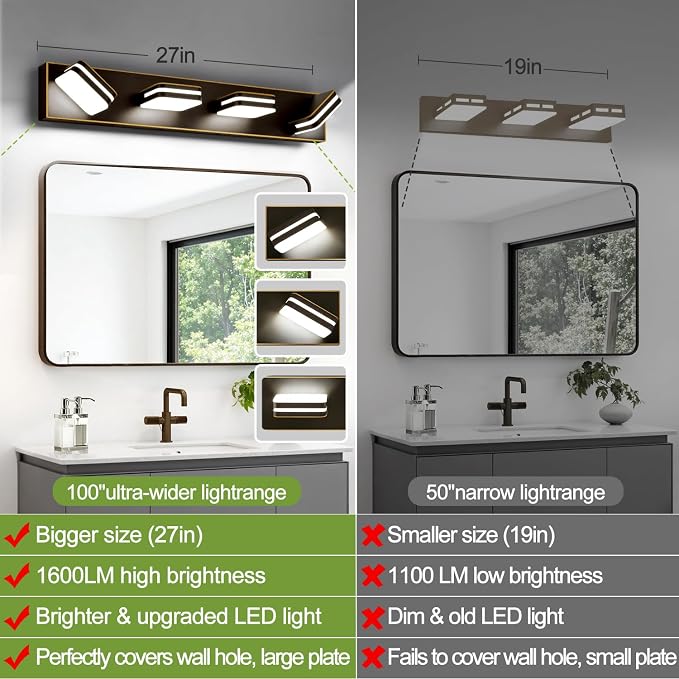 Torondo 360° Rotate LED Bathroom Vanity Light Fixtures, Acrylic Vanity Lights for Bathroom, Modern Wall Lighting Fixtures Over Mirror Living, Oil Rubbed Bronze, Natural White, 4-Light, 27-Inch