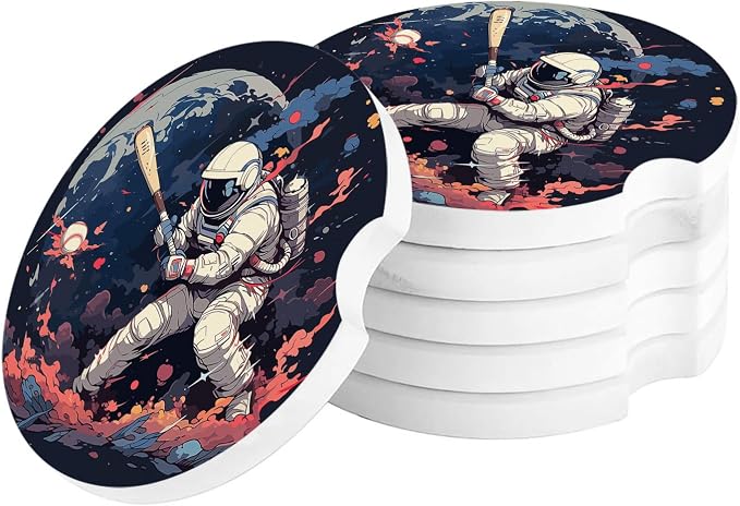 Car Coasters for Cup Holders 2.6" Dia Absorbent Coasters Set of 4 Car Interior Accessories for Women Men Ceramic Car Coaster for Drinks with Finger Grooves,Watercolor Astronaut Baseball Theme Black
