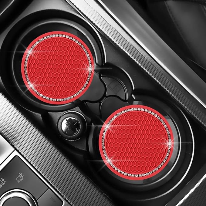 SUNCARACCL Bling Car Coasters Car Cup Holder Coaster, 2 Pack Universal Bling Vehicle Insert (2.75" Diameter), Crystal Rhinestone Car Interior Accessories (Red)