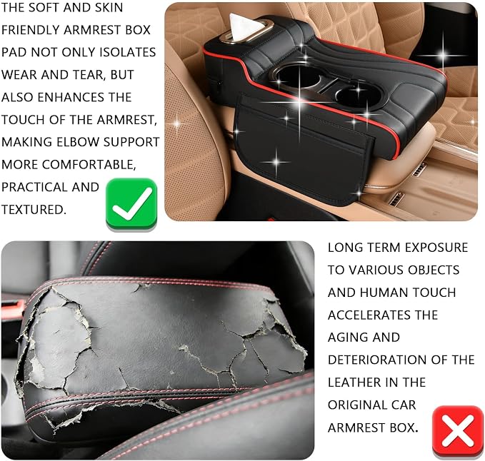 Car Armrest Cover, Embroidered Leather Car Armrest Cushion 4-in-1 Center Console Organizer with Dual Cup Holders, Tissue Box, 2 Side Storage Pockets & Card Slot, Universal for Most Cars