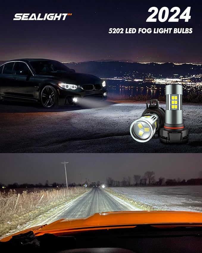 SEALIGHT 5202 LED Fog Lights Bulbs, 5201 PS19W PS24W 9009 5202 LED Bulbs Fog Light Bulbs 1:1 Design, 6000K Xenon White 27 SMD Chips 360-Degree Illumination Fog Lights LED for Car Truck, Pack of 2