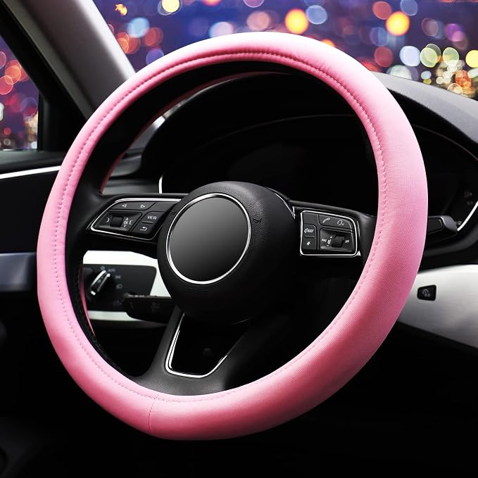 ZHOL Pink Steering Wheel Cover, Universal 15 inch Microfiber Breathable Ice Silk Anti-Slip Car Wheel Protector, Warm in Winter Cool in Summer