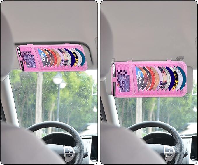 Car CD Case Holder, Wisdompro Vehicle Sun Visor Organizer for Cars with 12 DVD Storage Sleeves, 1 Mesh Pocket, 1 Pen Holder and Elastic Strap, Pink