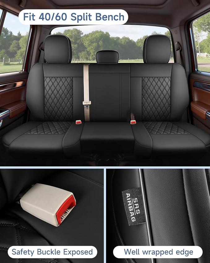 Custom Seat Covers fit for Dodge Ram 1500 2500 3500, Full Coverage Luxury Leather Ram Truck Seat Cover 2009-2025 Compatible with Crew Cab Double Quad Regular (Black, Full Set (Flat Front/Curved Rear))