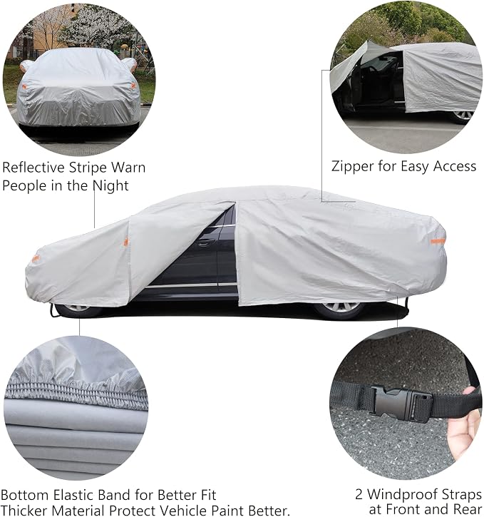 SEAZEN Car Cover 6 Layers, Waterproof Sedan Car Cover with Zipper Door, Snowproof/UV Protection/Windproof, Universal Car Covers Breathable Fabric with Cotton (201" to 209")