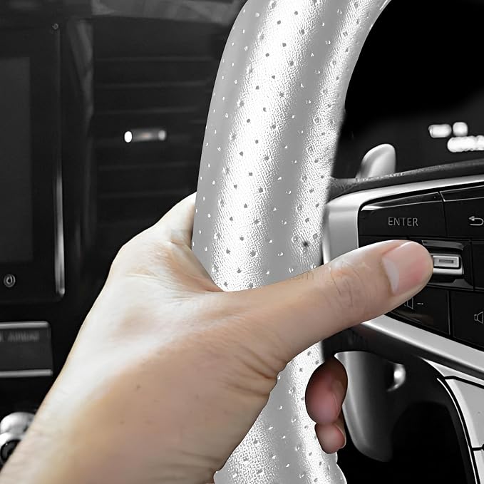 Genuine Leather Steering Wheel Cover, 15 Inch Stitch on Wheel Wrap with Needles & Threads, Breathable Steering Wheel Protector DIY Sewing Wrap for Car Truck SUV (Gray, Full Hole)