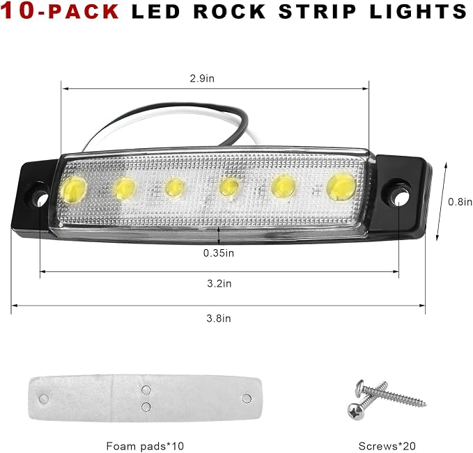 10 PCS Car LED Rock Strip Lights, 3.8" 6 LED Shockproof Thin Line Side Marker Clearance Light, Waterproof Exterior Underglow Wheel Fender Well Lighting Kit for Most Vehicles (White)