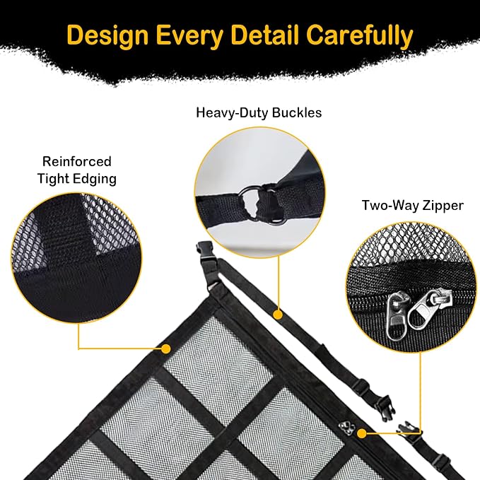 Expandable Black Car Ceiling Cargo Net – 28"x20" Double-Layer Mesh Roof Storage Organizer, High Load-Bearing, Sag-Resistant Design for SUVs, Trucks, Road Trips & Camping