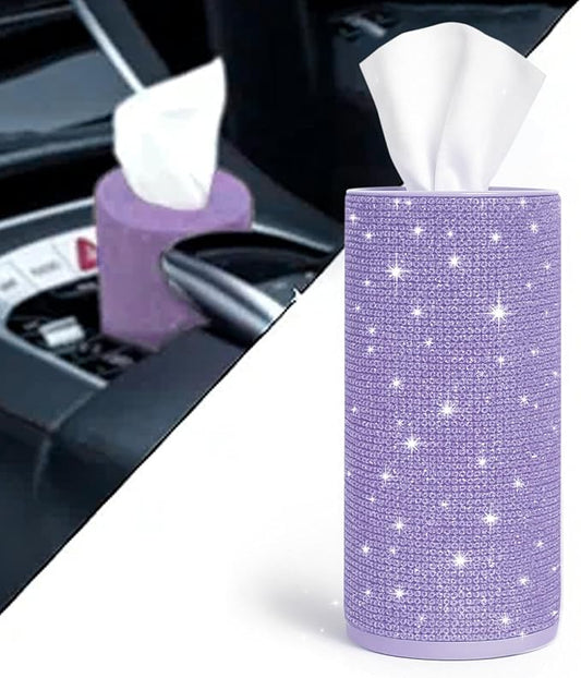 Bling Car Tissue Holder for Cup Holder – Sparkly Rhinestone Round Tissue Dispenser with 1 Pack Tissues – Fits Standard Auto Cup Holders – Stylish Car Interior Accessory for Women (Purple)