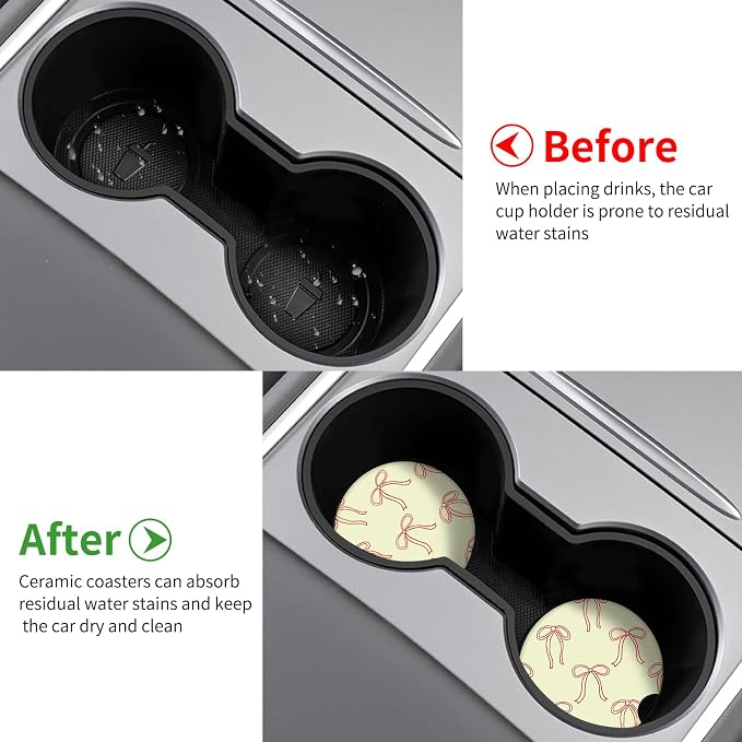 Cute Bowknot Car Coasters,Absorbent 2 Pack for Cup Holders with Finger Notch,2.56 inches Ceramics Heat Resistant Anti Slip Cork Base Car Drinks Coasters Auto Cup Holder