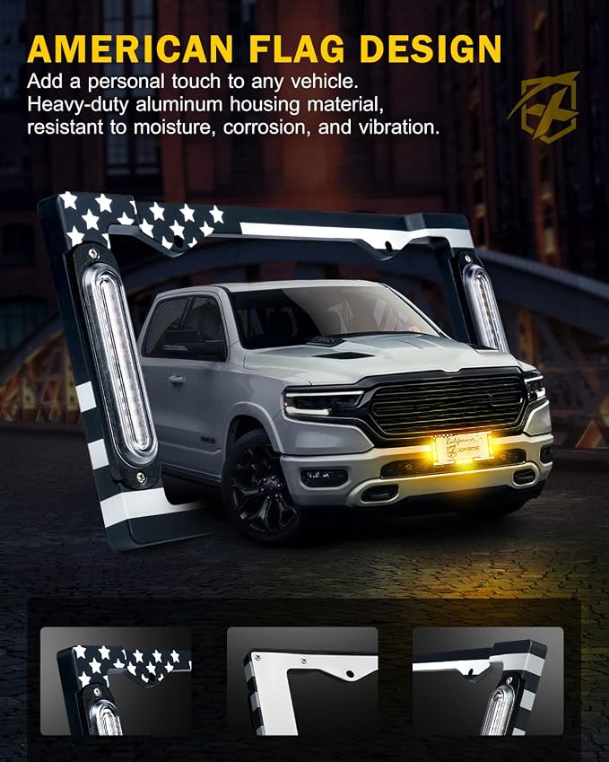 Xprite 36 LED License Plate Strobe Light, US Flag Front/Rear Utility Lights, 22 Modes Caution Frame for Construction Towing Snow Plow Pickup Work Trucks Cars - Amber (w/Pre-Installed 9FT Cable)