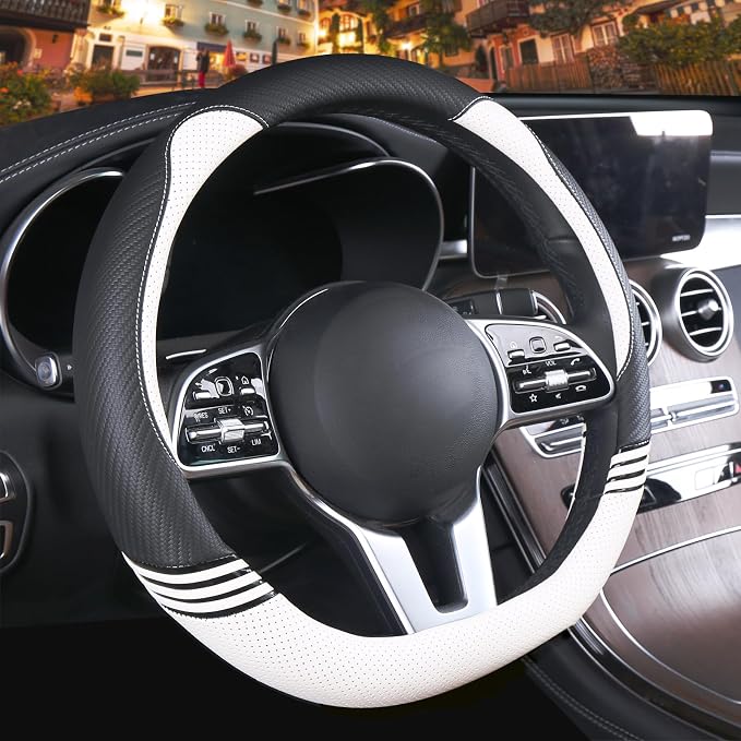 14 inch Cute Leather D Shape Steering Wheel Cover Black White | Breathable Faux Leather and Carbon Fiber Flat Bottom Car Accessories for Women Men Small 13.5 inch to 14 inch