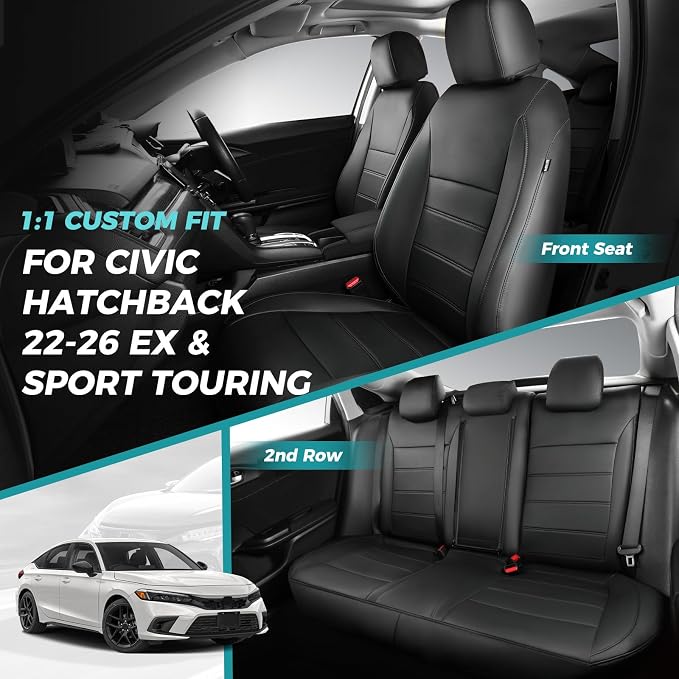 Seat Covers for Honda Civic Hatchback Sport Touring Hybrid 2022-2026 & EX-L 2022-2024, Faux Leather Car Seats Cover Full Set (60/40 Split Seatback-with Rear Armrest) Black
