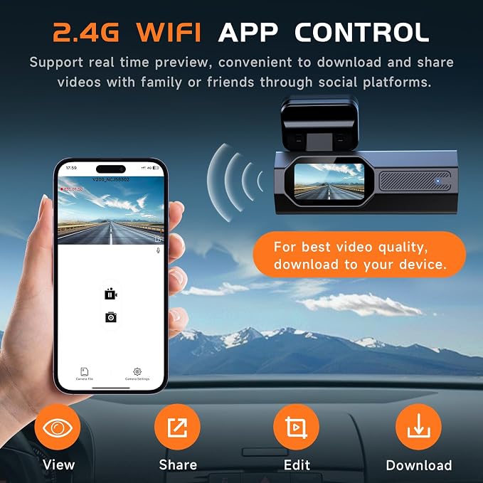 VEEMENT 2.5K Dash Cam Front, Mini Car Camera with App, 2.4G WiFi Smart Dash Cam for Cars, WDR Night Vision, 24H Parking Mode, G-Sensor, Heat Resistant, Supports 256GB Max