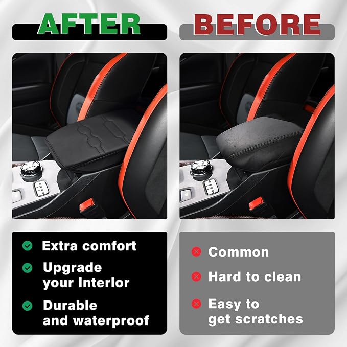 Muslogy Center Console Armrest Cover Fit for Ford Ranger 2024 2025 2026 Accessories, Comfort Armrest Pad Console Lid Cushion Vegan Leather Regular Thick (Black/Black Trim)