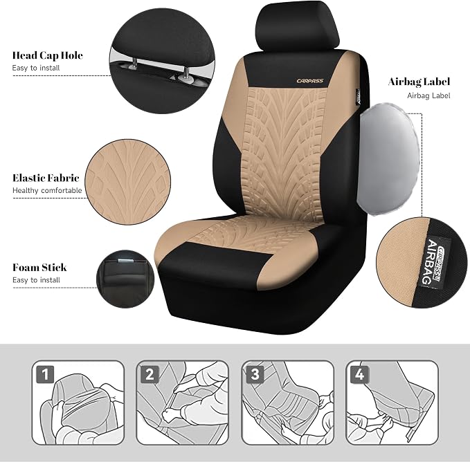 CAR PASS Car Seat Covers Two Front Only for Car, 3D Tyre Print Automotive Interior Covers, Airbag Compatible, Quick Setup Universal Fit Seat Covers for Car, Truck, SUV(Black and Beige)