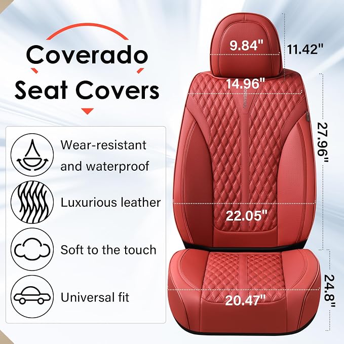 Coverado Front Seat Covers, Luxury Nappa Leather Seat Covers, Car Seat Covers Waterproof, 2 Pack Universal Seat Covers for Cars, Car Seat Protector, Driver Seat Cover Fit for Most Cars, Red
