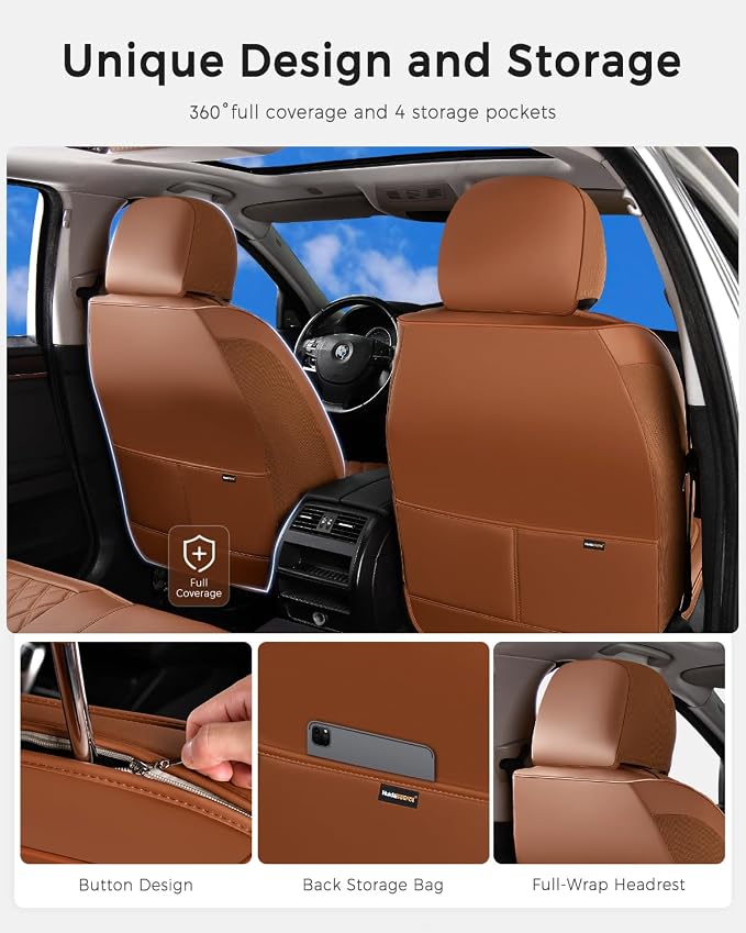 Huidasource Brown Front Seat Covers, Nappa Leather Front Car Seat Covers, Side Elastic Fabric, Compatible with Airbags, Seat Belts, Universal Fit for Most Cars, Vans, Trucks, SUV (Front Pair/Brown)