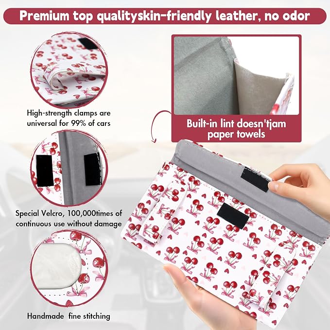 1Pcs Car Tissue Holder and 2 Pcs Sunglass Holder for Car,Magnetic Leather Sunglasses Holder Car Sun Visor Glasses Hanger Clip,Car Interior Accessories for Women(White Cherry)