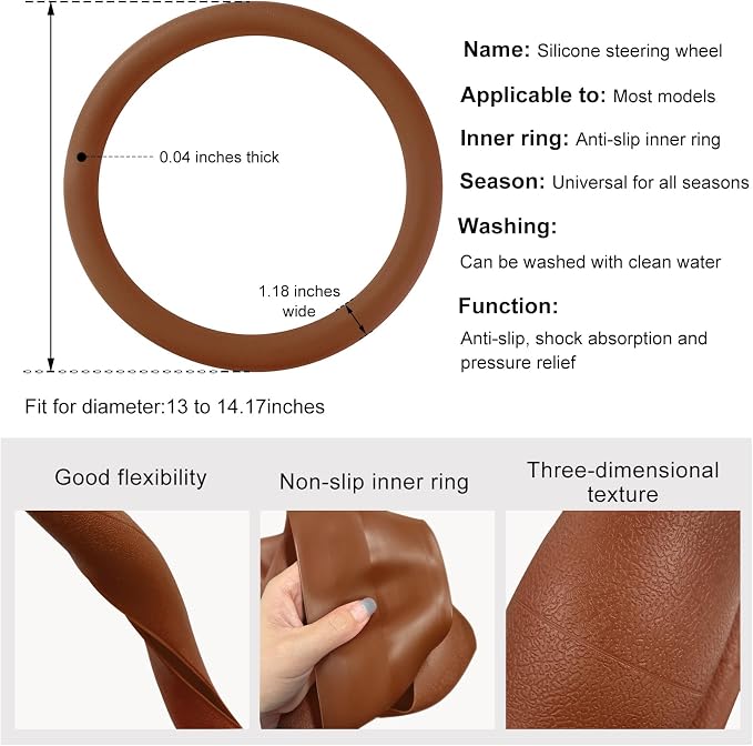 DXNQ Car Steering Wheel Cover, 13 to 14.17 inches Anti-Slip Silicone Steering Wheel Protector, Soft Flexible Shock-Absorbent Steering Wheel Protective Cover for Most Car Models (Brown)