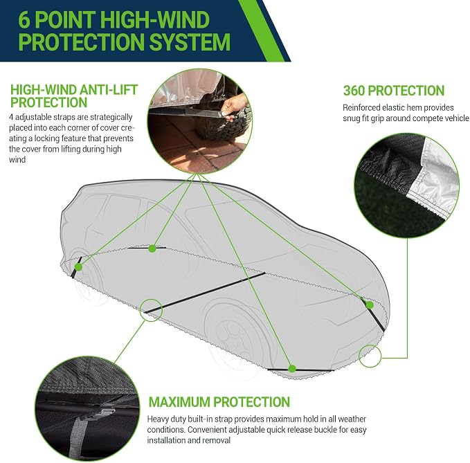 Season Guard Ultimate Plus SUV Crossover Car Cover,100% Waterproof Aluminium with Cotton Fleece and Breathable Fabric with Two Extra 19.6ft Windproof Tie Down Straps,Fits SUV up to 206"